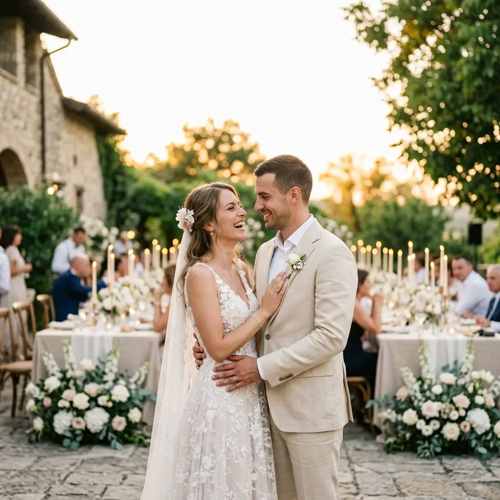 Elegant Serbian wedding couple during a candid golden-hour moment at a refined outdoor reception, white and blush florals and tall taper candles in soft focus behind them, warm natural light, fine-art editorial wedding photography, vertical composition