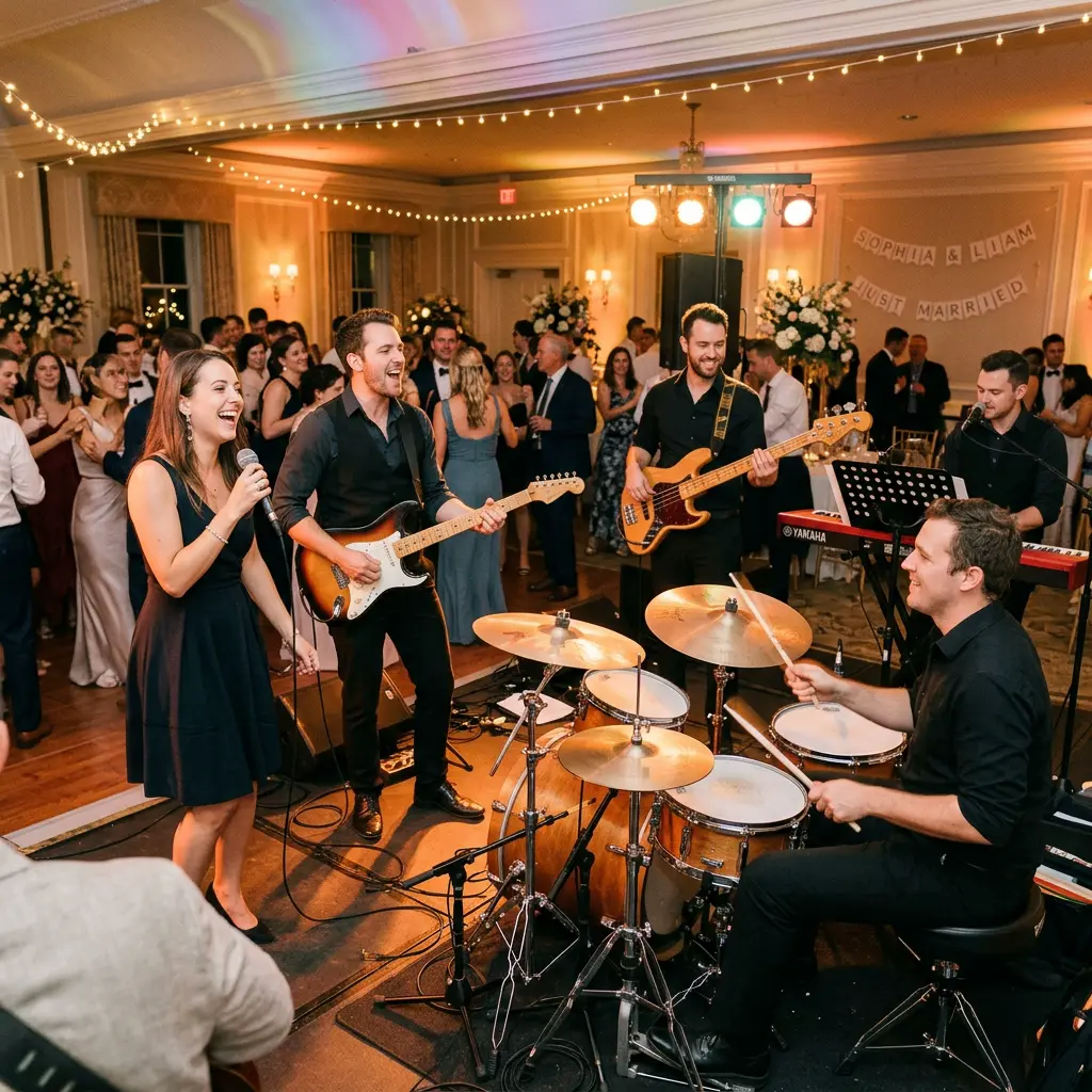 Live wedding band performing at a reception, musicians with instruments, warm stage lighting, joyful atmosphere