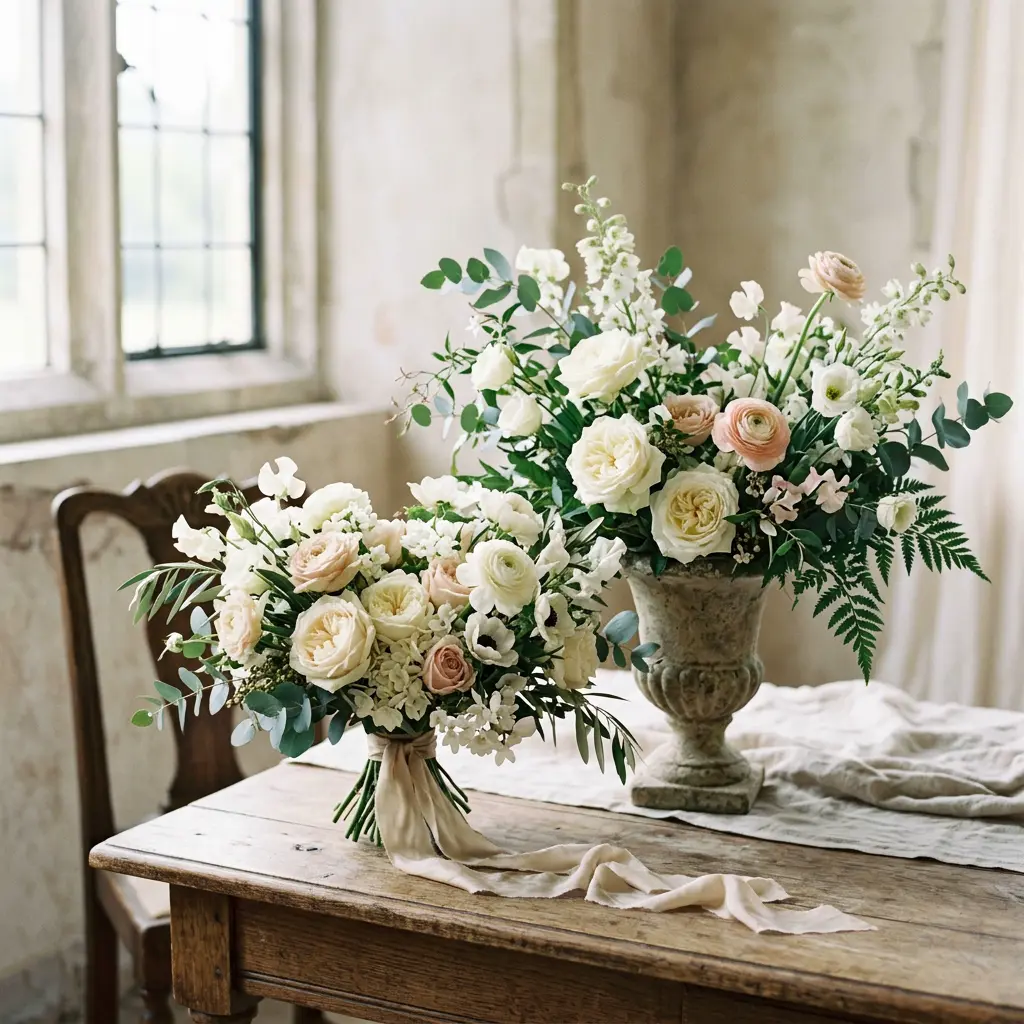 Bridal bouquet and wedding flowers, white blooms and greenery, soft natural light, fine-art still life