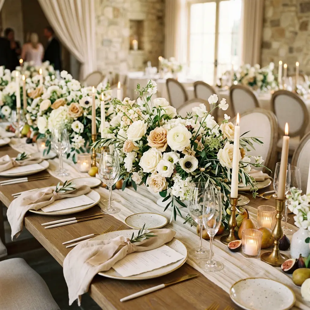 Lush wedding floral decoration and table styling, white and blush flowers with candles, elegant and refined