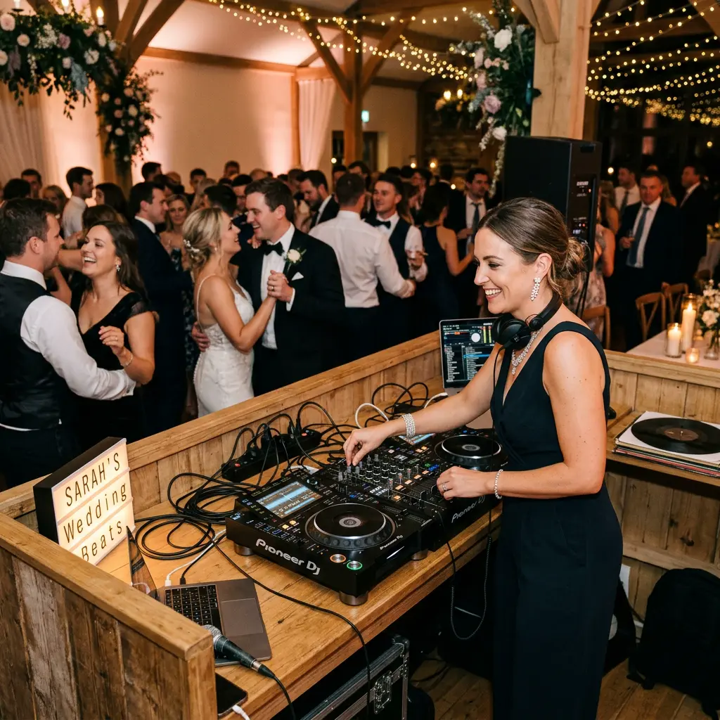 Wedding DJ at a turntable with soft warm party lighting, guests dancing in the background, celebratory mood