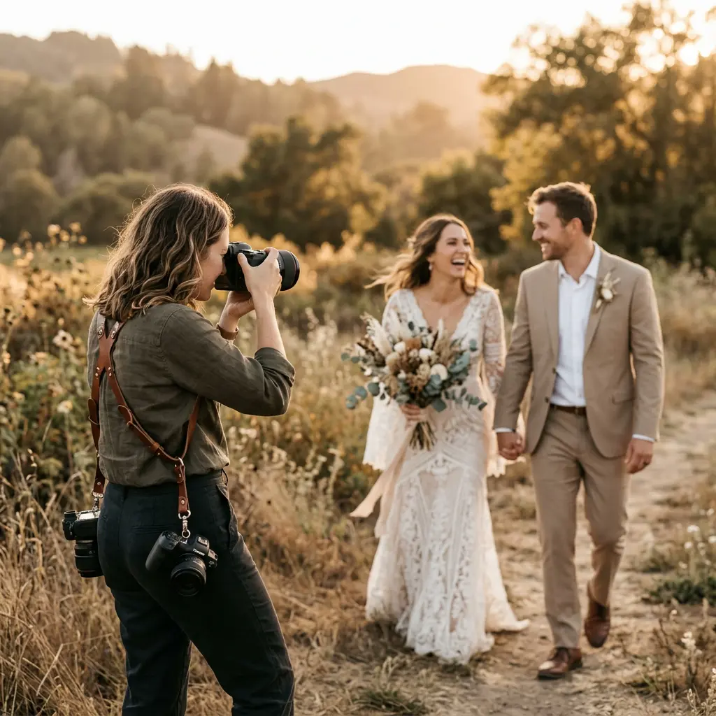Wedding photographer capturing a couple outdoors at golden hour, camera in hand, candid and warm, shallow depth of field
