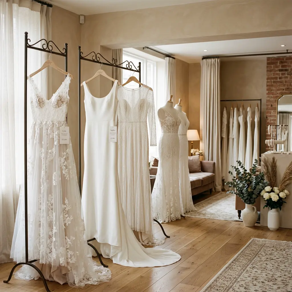 Elegant wedding dresses on display in a refined bridal boutique, soft diffused light