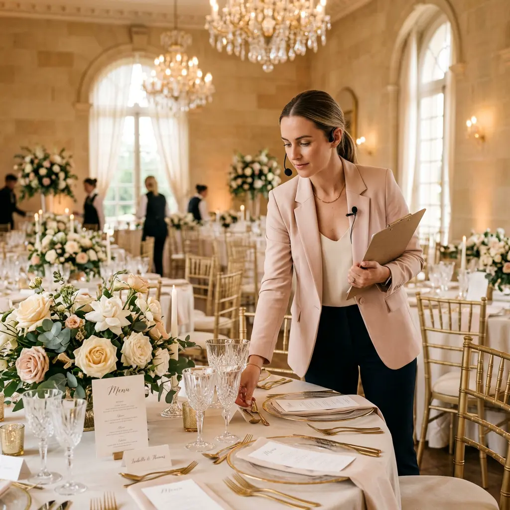 Wedding planner coordinating an elegant event setup at a beautiful venue, calm and organized, warm tones