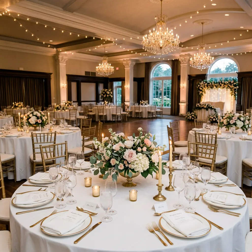 Elegant Serbian wedding venue ballroom set for a reception, round tables with white linens and floral centerpieces, warm ambient lighting, editorial photography
