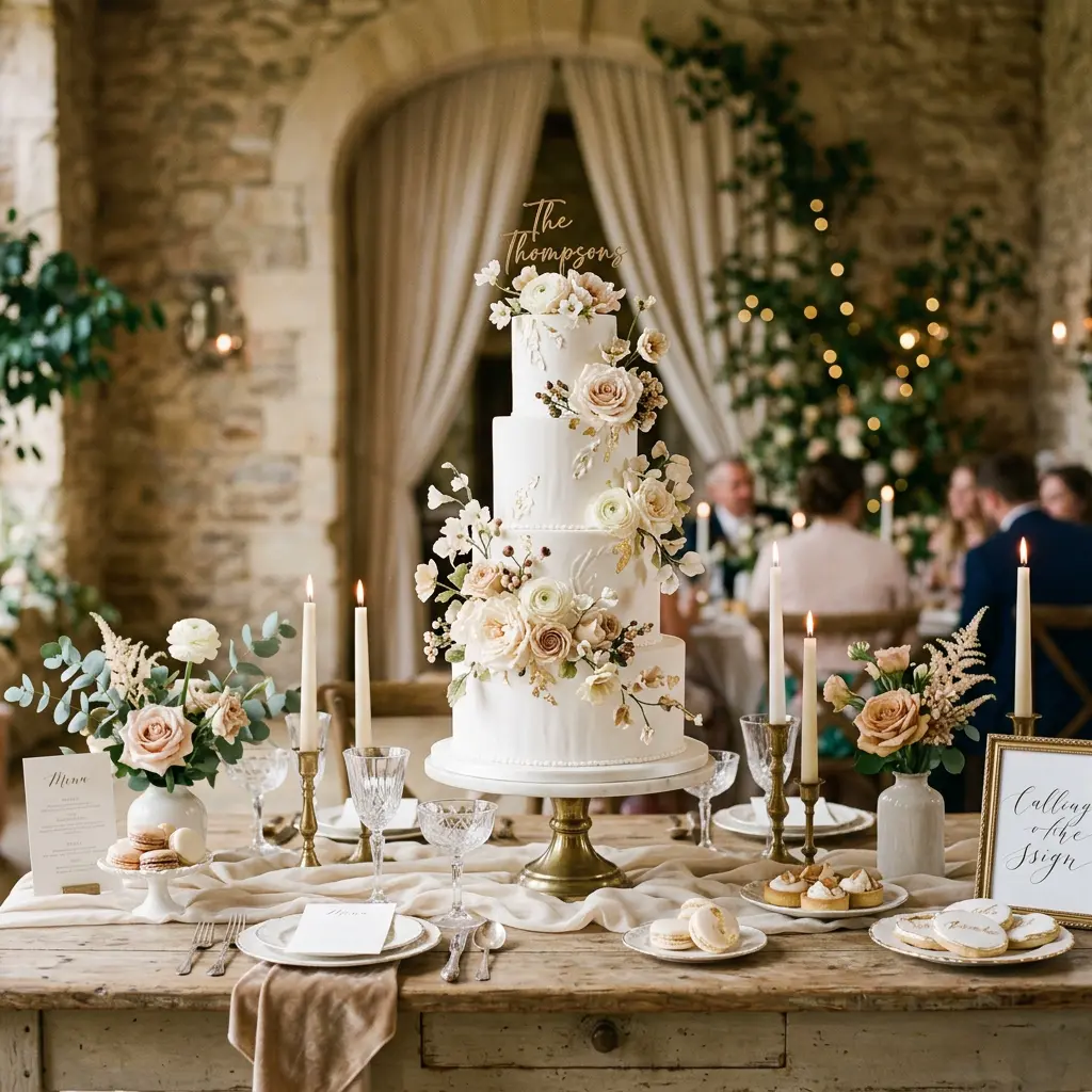 Elegant multi-tier white wedding cake with delicate floral details on a styled dessert table, soft light