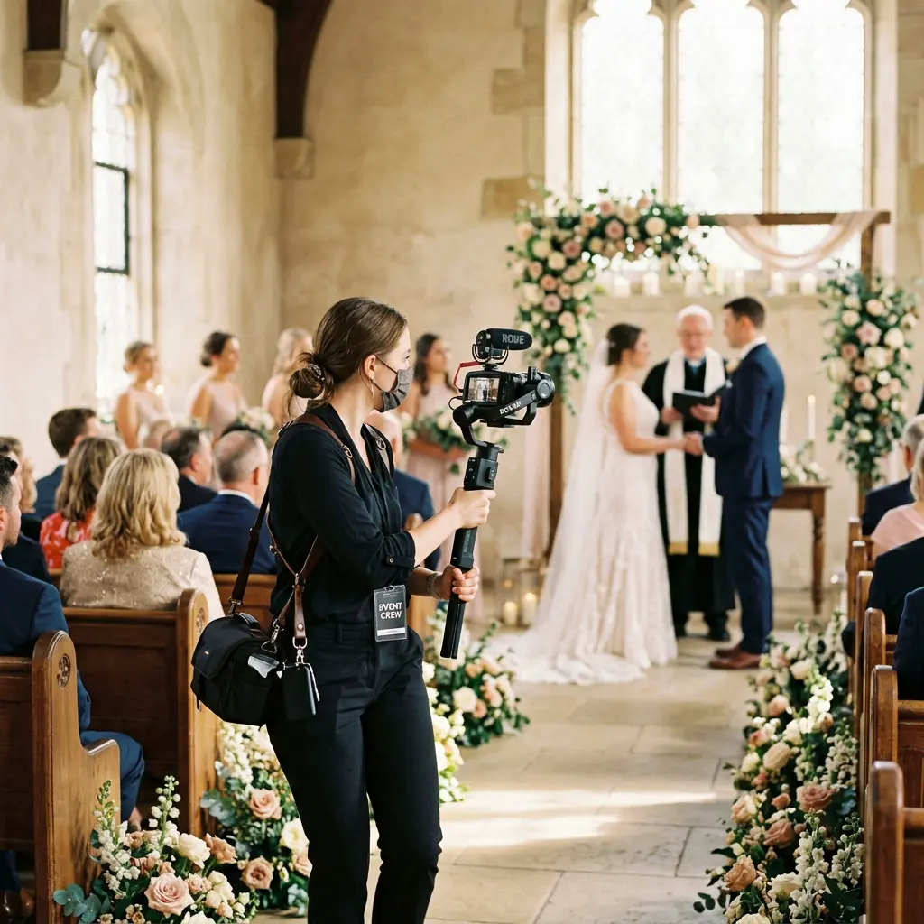 Wedding videographer filming a ceremony on a gimbal, cinematic warm tones, soft natural light